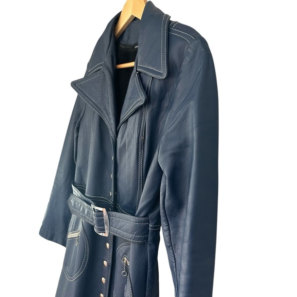 Vintage Leda Spain by Gropper Blue Belted 100% Leather Trench Coat Jacket, Small - Picture 5 of 14